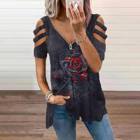 Elegant Large Rose Print T-Shirt Women Summer Hollow Out Splicing Short Sleeve Tops Fashion Loose V Neck Zipper Female Tees 2024